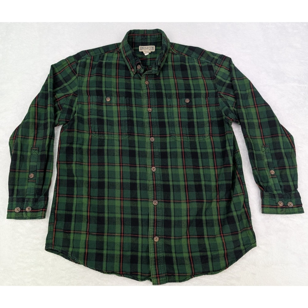 Duluth Trading Flannel Shirt Men's L Green Plaid Long Sleeve Relaxed 52007